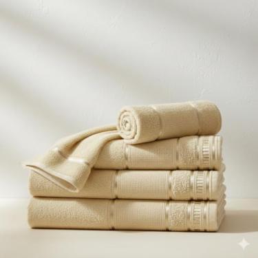 Imagem de Kit Toalha de Banho e Rosto 5 Pçs 100% Algodão 290 g/m2 Hipoalergênica - Barra Decoratica, Luxo, Toque Macio e alta absorção - Baunilha