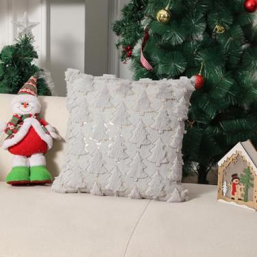 Imagem de Capa de almofada decorativa de árvore de Natal cinza claro 45,7 x 45,7 cm, pacote com 1 capa de almofada quadrada de lã sintética de pelúcia para sofá, sofá, férias, festival, decoração de casa