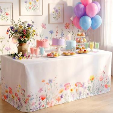 Imagem de Tegeme Toalha de mesa de flores de primavera de 1,8 m borboleta de flores silvestres pano de fundo temático de piquenique para decoração de chá de tecido lavável, poliéster, retangular, capa protetora