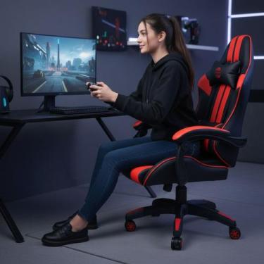 Imagem de Cadeira Gamer Ergonômica Escritório com Reclinação Braços Ajustáveis e