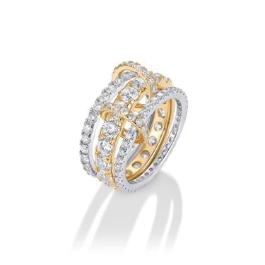 Imagem de PAVOI Anel feminino banhado a ouro 14 K com três faixas interligadas - Declaração de dois tons - Joias empilháveis de metais mistos de zircônia cúbica, 5, Branco e amarelo, Zircônia cúbica