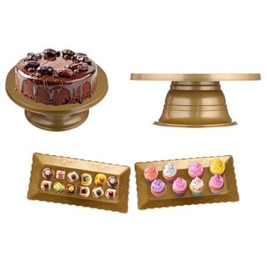 Imagem de Conjunto com boleira e 2 bandejas douradas decorativas. Ideal para festas, bolos e doces. Resistente, leve, reutilizável e com acabamento elegante que valoriza a apresentação.