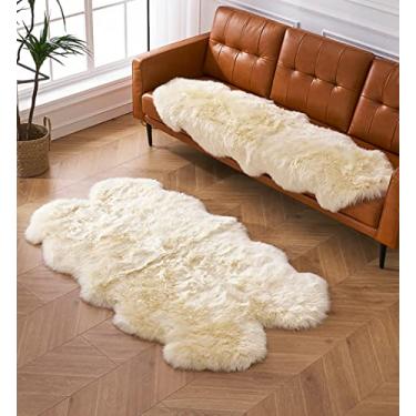 Imagem de HUAHOO Tapete de pele de carneiro genuíno premium bege real austrália pele de carneiro natural luxo macio pele de cordeiro tapete capas de assento para crianças quarto sofá capa de cadeira animais de estimação tapete de quarto pelt/1,2 m x 1,8 m bege