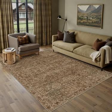 Imagem de HUGEAR Tapete de área 12 x 18 cm vermelho tijolo lavável na máquina tapetes de sala de estar envelhecido vintage floral aspirável tapete baixo quarto escritório sala de jantar lavanderia