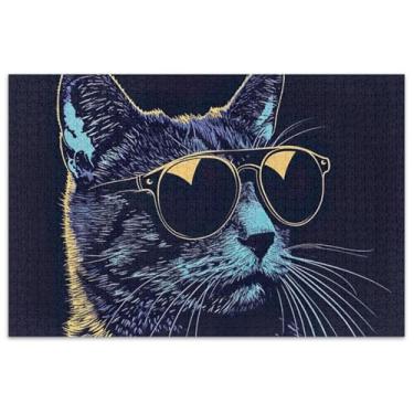 Imagem de Gato com óculos de sol preto quebra-cabeça 500 peças adultos amigos família jogos presentes exclusivos quebra-cabeças família brinquedo arte
