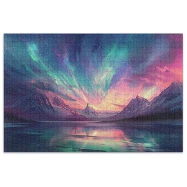 Imagem de Quebra-cabeça Aurora Sky Lake Landscape 1000 peças para adultos presentes para amantes de quebra-cabeças, presente de mordaça e pintura colorida