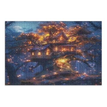 Imagem de Quebra-cabeças adultos da casa da árvore brilhante na floresta mágica, 1000 peças, quebra-cabeças com letras na parte de trás