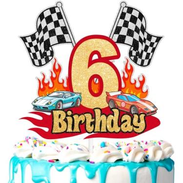 Imagem de Topo de bolo de carro de corrida infantil 6º tema de corrida feliz aniversário bandeira quadriculada decorações de estrada meninos e meninas piloto festa de aniversário carro temático roda de festa