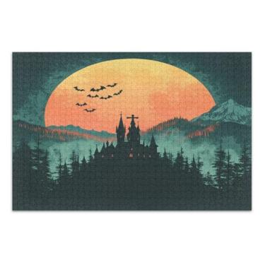 Imagem de Quebra-cabeças engraçados de lua laranja sobre colina assombrada para adultos 1000 peças, quebra-cabeças de fantasia para adultos com letras nas costas