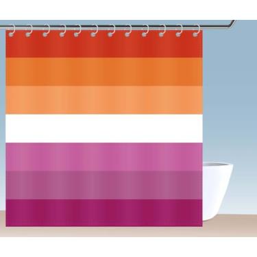 Imagem de Petite Pine Cortina de chuveiro de bandeira lésbica de poliéster de 72 × 72 polegadas com ganchos e ilhós, decoração de banheiro LGBTQ à prova d'água de 182 × 182 cm, cortinas de acessórios de banho