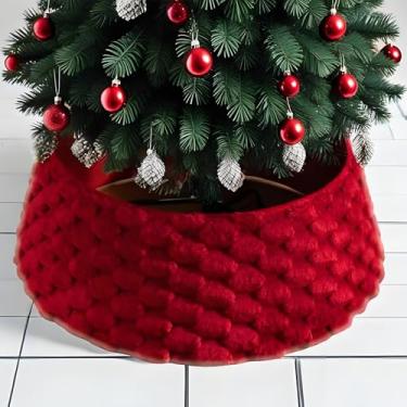 Imagem de Gola de árvore de Natal tricotada 71 cm bordô vermelho para árvore de Natal com suporte para árvores artificiais, saia de anel de árvore de Natal rústica alternativa para árvore de fazenda alternativa