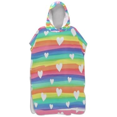Imagem de Joisal Poncho de surfe listrado arco-íris corações brancos para adultos trocador com capuz toalha de praia estampa plus size ponchos femininos com capuz