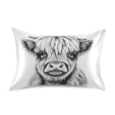 Imagem de Fronhas refrescantes fofo animal rei queen padrão fronhas de cetim macio almofada para cama queen tamanho 76.2 cm x 50.8 cm bonito preto branco vaca highland
