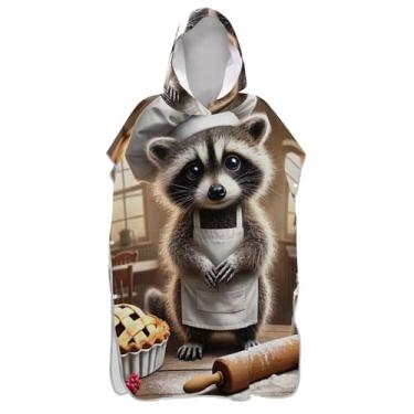 Imagem de TSENQUE Roupão para adultos poncho de surfe praia moletom com capuz toalha de natação leve feminino ponchos com capuz vintage guaxinim fofo