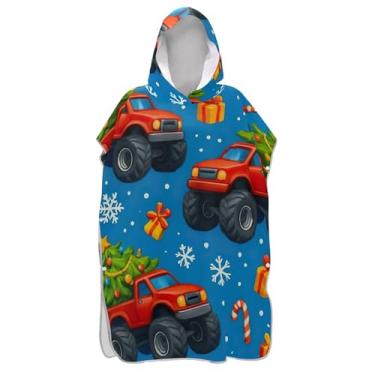 Imagem de TSENQUE Christmas Red Trucks Poncho de surf azul para trocador adulto roupão de praia com capuz toalha natação plus size ponchos de praia para homens