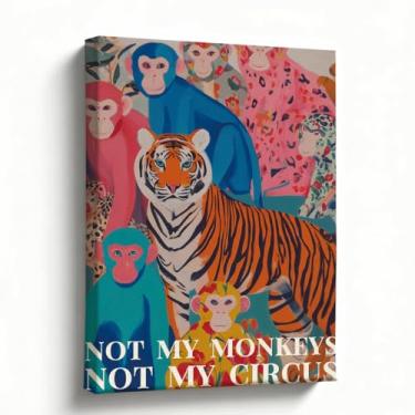 Imagem de Arte em tela Not My Monkeys, 20 x 25 cm, arte de arte divertida de macacos e tigre, arte de parede de animais coloridos para sala de estar, escritório, sala