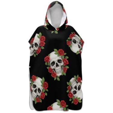 Imagem de Joisal Poncho de surfe trocador de roupão adulto toalha de banho com capuz secagem rápida crânios rosas vermelhas preto ponchos de praia para homens