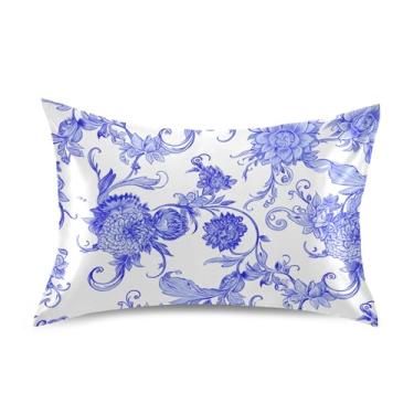 Imagem de Fronhas de cetim azul floral roxo branco com estampa personalizada de resfriamento padrão Queen King fronhas para cama cuidados com a pele tamanho king size 101,6 cm x 50,8 cm