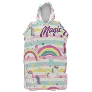 Imagem de Joisal Bonitos unicórnios listrados poncho de surfe rosa para trocador adulto com capuz toalha de praia estampado plus size ponchos femininos com capuz