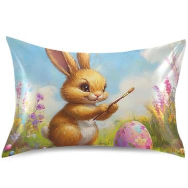 Imagem de Capas de almofada de cetim com pintura de coelhinho da páscoa padrão king queen animais almofada refrescante para quarto estética, tamanho padrão, 66 cm x 50 cm