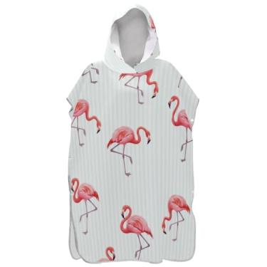Imagem de Joisal Roupão de mudança de poncho de surfe para adultos toalha de banho com capuz plus size ponchos adultos para mulheres flamingos rosa tropical branco