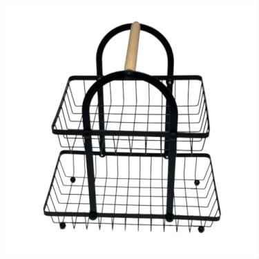 Imagem de Fruteira de Metal Dois Andares com Alça de Madeira para Cozinha Organização e Decoração(Preto)