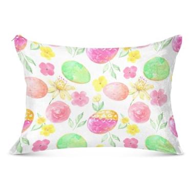 Imagem de Capas de travesseiro de flanela com flores e ovos de páscoa decorativas para travesseiro padrão Queen King com estampa fofa e macia, tamanho Queen, 50,8 cm x 76,2 cm