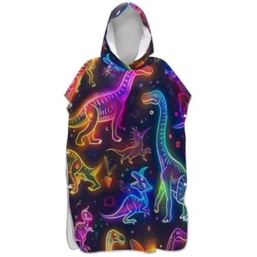 Imagem de Joisal Roupão de mudança de poncho de surfe para toalha de natação com capuz bonito poncho masculino absorvente com capuz fofo dinossauro neon