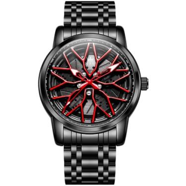 Imagem de OLEVS Relógios masculinos 42 mm, mostrador grande, esqueleto, luminoso, à prova d'água, aço inoxidável, moderno, relógio de carro, 3701: vermelho, Tendência