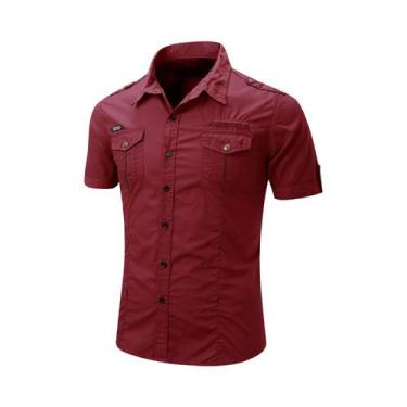 Imagem de Camisa Safari Masculina 100% Algodão De Manga Curta Casual Tática Carg