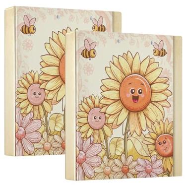Imagem de Fichários fofos de girassóis de desenho animado de 3 cm, 3 argolas, 200 folhas, 3 pastas de anéis, fichário de escritório, 31,5 x 27 x 6 cm, pacote com 2