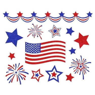 Imagem de Whaline 15 peças de ímãs de geladeira patrióticos adesivos magnéticos glitter vermelho azul bandeira dos EUA estrela listra ímã de fogos de artifício para o dia da independência feriado geladeira