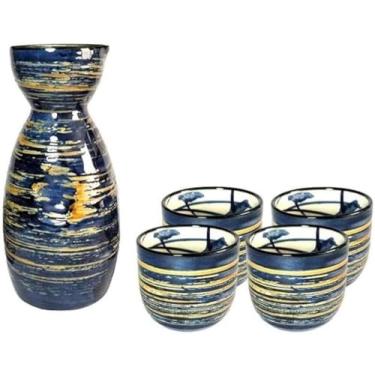 Imagem de Conjunto de saquê japonês conjunto de copos de saquê japonês tradicional pintado à mão, conjunto de vinho azul escovado, copos de cerâmica de porcelana artesanato taças de vinho, conjunto de pote de
