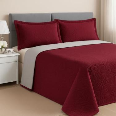 Imagem de Kit Colcha Cobre Leito Casal Dupla Face 3 Peças Matelado Toque Macio 100% Poliéster Porta Travesseiro(VINHO)