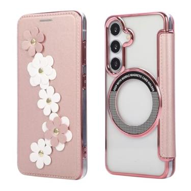 Imagem de Capa carteira para Samsung Galaxy S24, 3 compartimentos para cartão e anel magnético, bloqueio RFID, compatível com carregamento sem fio, traseira transparente, design floral de couro, proteção contra