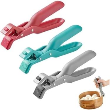 Imagem de 3 pinças para placa quente, prendedor de placa quente multiângulo, clipe de suporte de tigela antiqueimadura multiuso para mover tigelas com comida do forno de micro-ondas (cor aleatória)