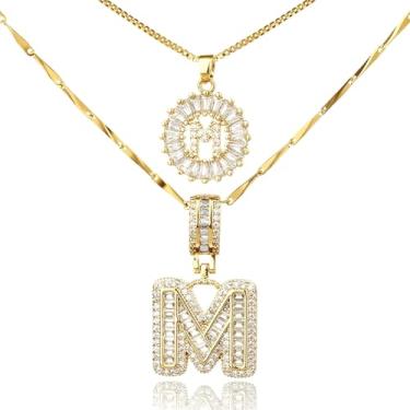 Imagem de MINDEKA Pacote com 2 colares femininos com inicial de zircônia cúbica banhada a ouro 14K, joias delicadas com inicial inicial para mulheres, colar com pingente de alfabeto A-Z personalizado, 18"+2