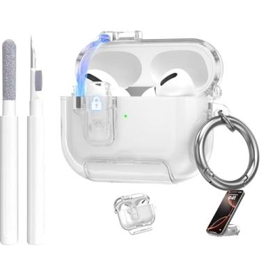 Imagem de Capa transparente para Apple AirPods 2 com trava de segurança, capa de TPU macio com suporte de telefone e kit de limpeza, chaveiro fofo para mulheres e meninas, branco transparente