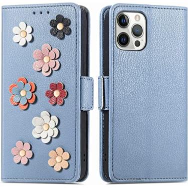 Imagem de EKSIL Capa carteira para iPhone 13 Mini para churrasqueiras femininas, capa de couro flip premium de flor 3D fofa com suporte para cartão capa protetora magnética à prova de choque (cor: azul)