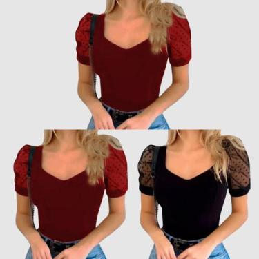 Imagem de Kit 3 Body Blusa Canelada Manga Curta Tule Poa Moda Casual Verão Top -