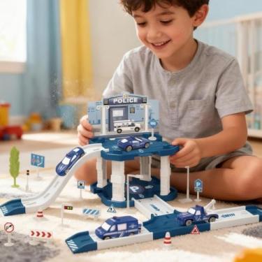 Imagem de Pista Estacionamento de Brinquedo Policial Infantil com 40 Peças – Garagem de Carros, Playset Educativo, com 2 Carrinhos, Temática Policial, Brinquedo de Montar para Crianças