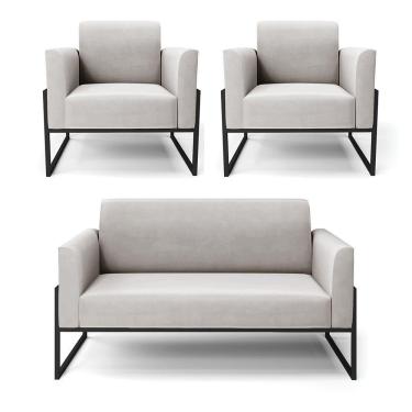 Imagem de Sofá Namoradeira Com 2 Poltronas Base Industrial Alta Preto Marisa Veludo D03 - D\'rossi Cor Cinza