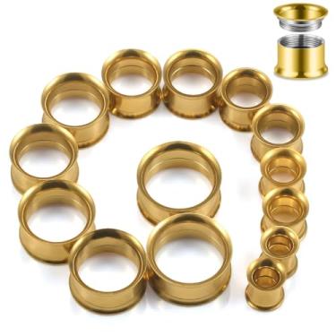 Imagem de Kwoencxi 12G-10 mm alargador duplo alargado túneis plug para orelha kit de alongamento de orelha aço inoxidável cirúrgico ouro calibres plug brinco lóbulo alargador calibre túnel extensor 12G 10G 8G