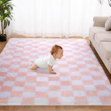 Imagem de Tapete Area TOOHUB Super Soft 150x210cm rosa e branco