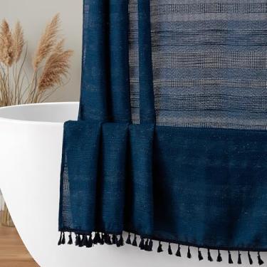 Imagem de Siiluminisoy Cortina de chuveiro azul cortina de chuveiro de linho para banheiro cortinas de chuveiro de tecido listrado rústico 72 x 72