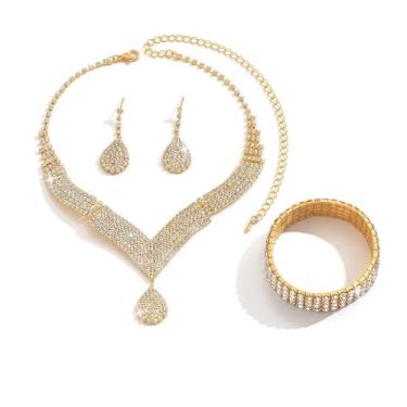 Imagem de OIDIMS Conjunto de joias de strass para mulheres elegante imitação de zircão cristal pingente gota de água colar brincos pulseira corrente de tênis nupcial moda noivado casamento baile festa concurso