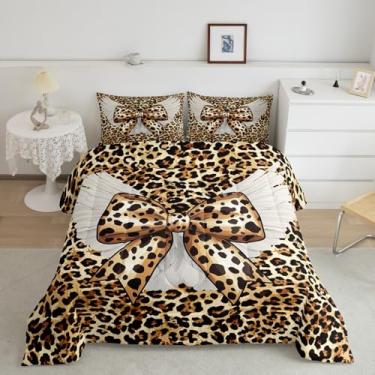 Imagem de Manfei Jogo de cama casal com estampa de pele de leopardo marrom moderno e chique, estilo princesa sonhadora, asas de anjo, edredom de gravata borboleta, 3 peças, 2 fronhas