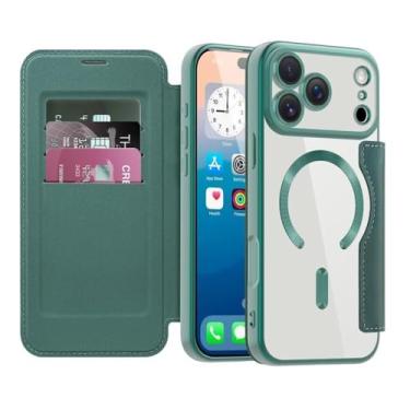 Imagem de Capa tipo carteira com tampa magnética para iPhone 17/17 Air/17 Pro/17 Pro Max, capa de couro galvanizado com protetor de câmara, ranhuras para cartões finos e íman forte (verde, 17 Pro Max)