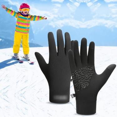 Imagem de 1 par de luvas infantis de inverno para meninos e meninas, luvas de malha antiderrapantes com dedos inteiros, esportes ao ar livre, corrida, ciclismo, treino, preto, G/GG