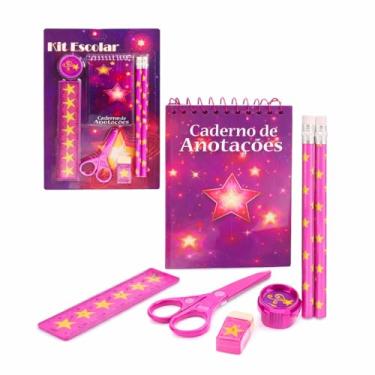 Imagem de Kit Escolar Infantil 7 Peças Rosa com Caderno, Lápis, Régua, Tesoura, Borracha e Apontador
